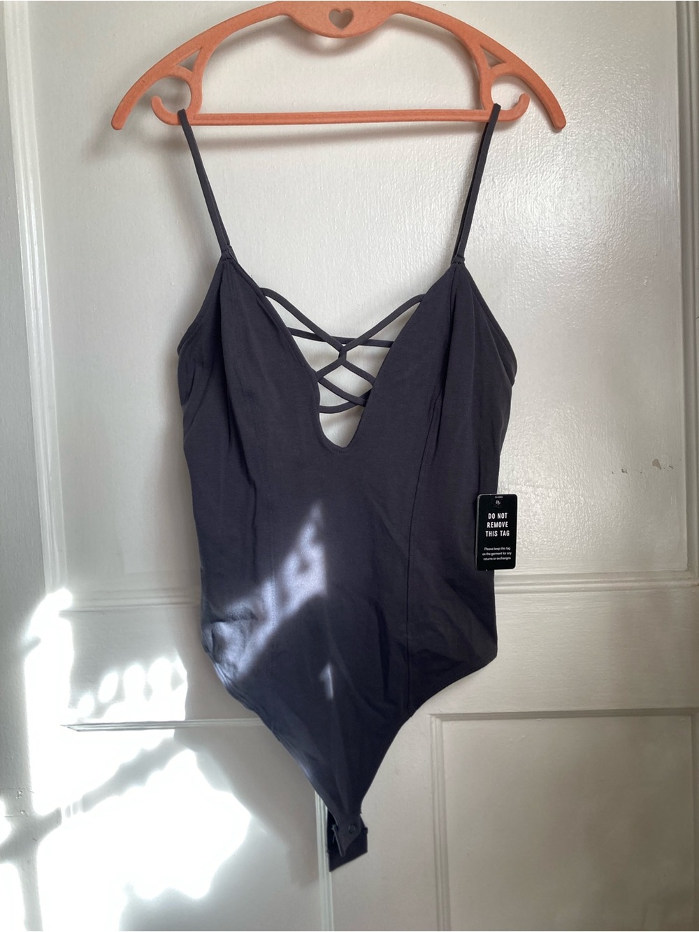 Express One Eleven Dark Grey Crisscross V-Neck Bodysuit